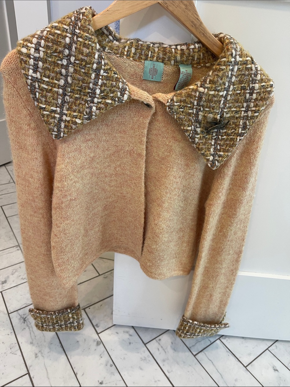 Anthropologie Medium Peach Knit Sweater with Tweed Collar and Cuffs